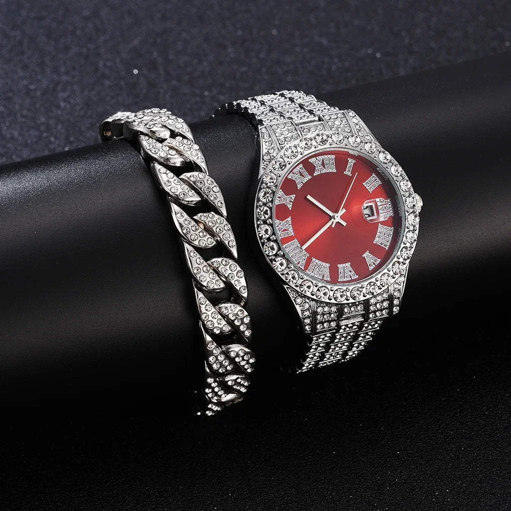 Iced Out Watch Men Luxury Brand Full Diamond Mens Watches AAA CZ Quartz Men's Watch Waterproof Hip Hop Male Clock Gift for Men Qme Silver Red Set