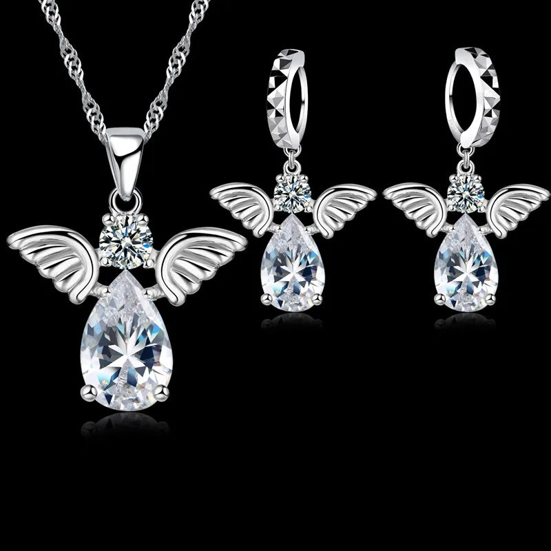 Sale Specials Cute Angel Shape Jewelry Sets Crystal 925 Sterling Silver Color Pendant Necklace And Earring Set Lady Birthday Qme Default Title