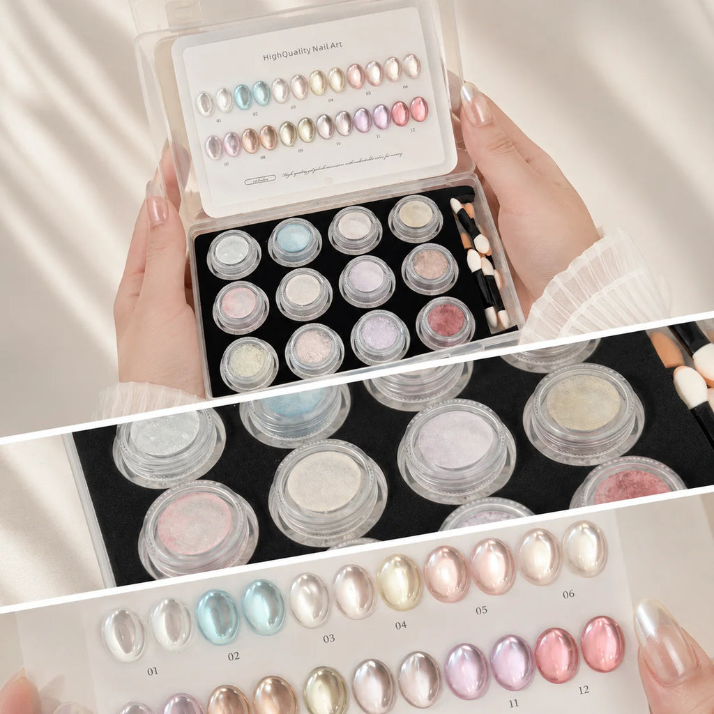Aurora Chrome Nail Powder 12 Colors Mirror Pearl Pigment Swatch Card Qme