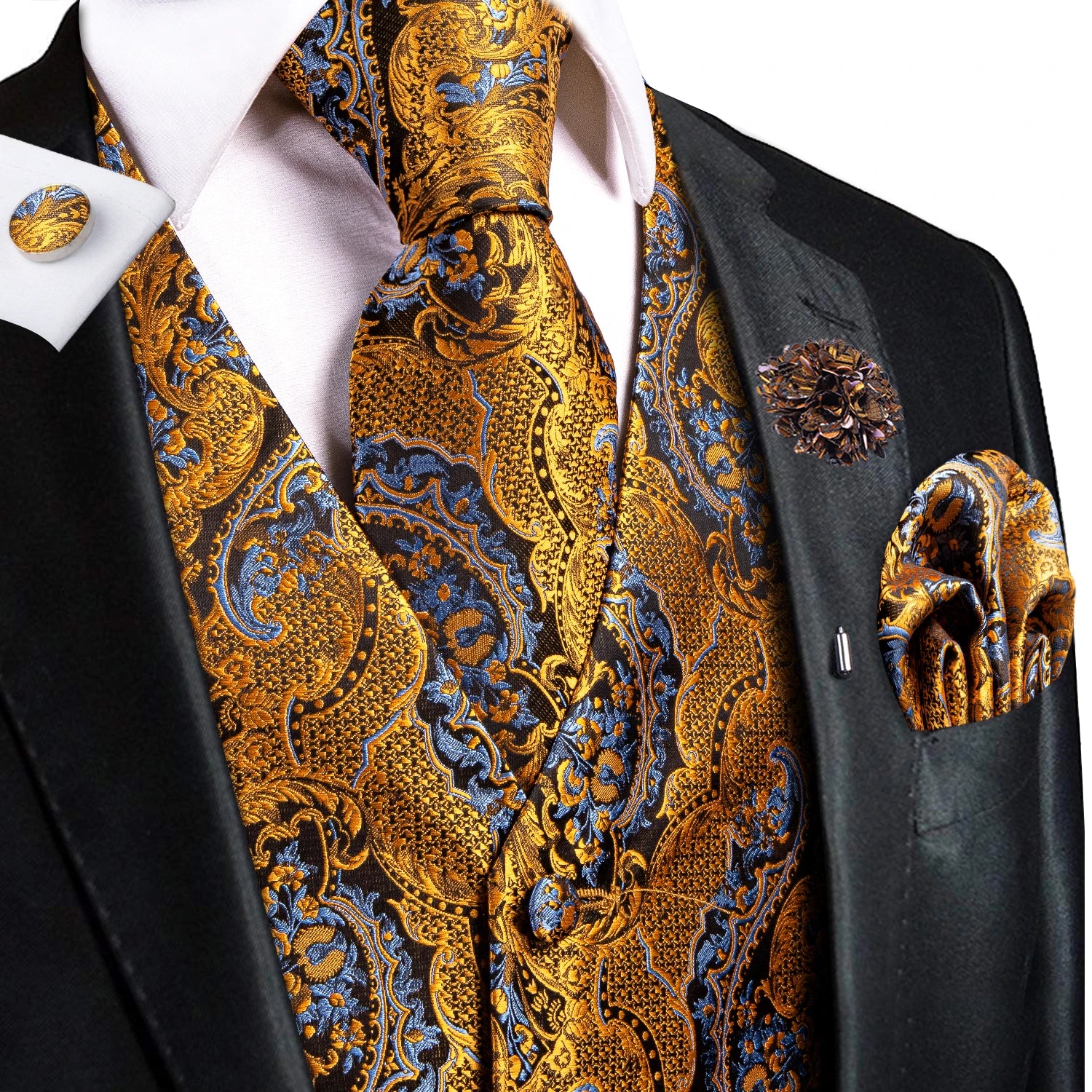 Mens Vests Jacquard Waistcoat Neck Tie Hanky Cufflinks Brooch Men Qme