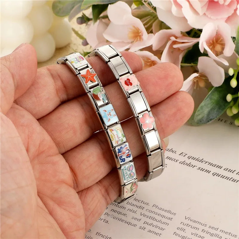 2026 Colour Glaze Red Love Heart Bear Bikini Coconut tree Italian Charm Links Fit 9mm Stainless Steel Bracelet DIY Making Gifts Qme