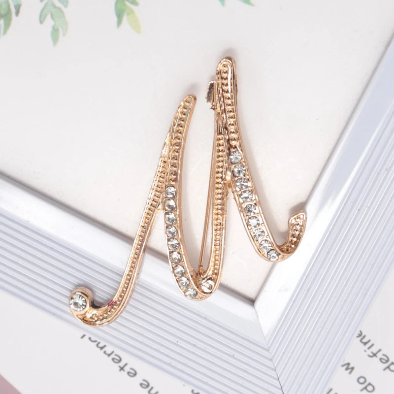 Women Luxury Letter Brooch Pins Gold Rhinestones Crystal English