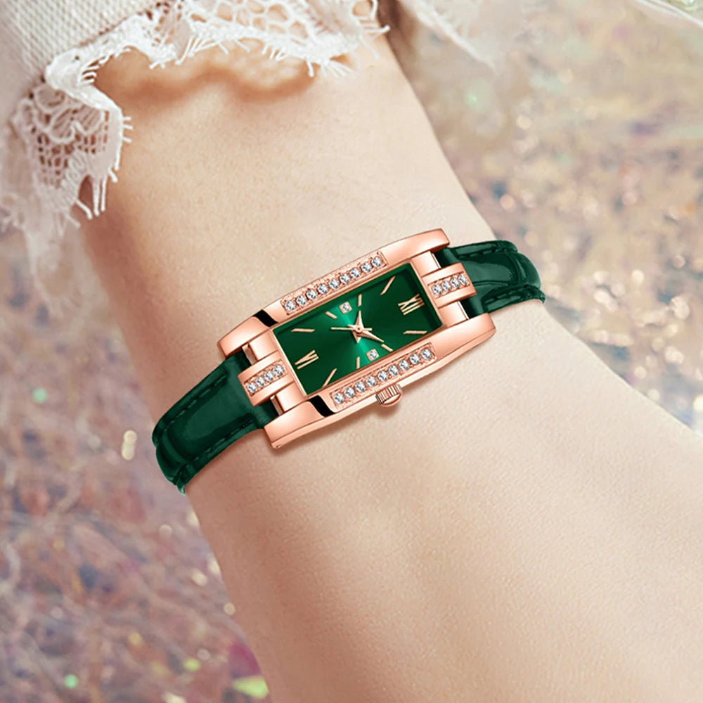 Luxury 6 In 1 Emerald Rhinestone Watch Necklace Earrings Ring Bracelet Set Qme