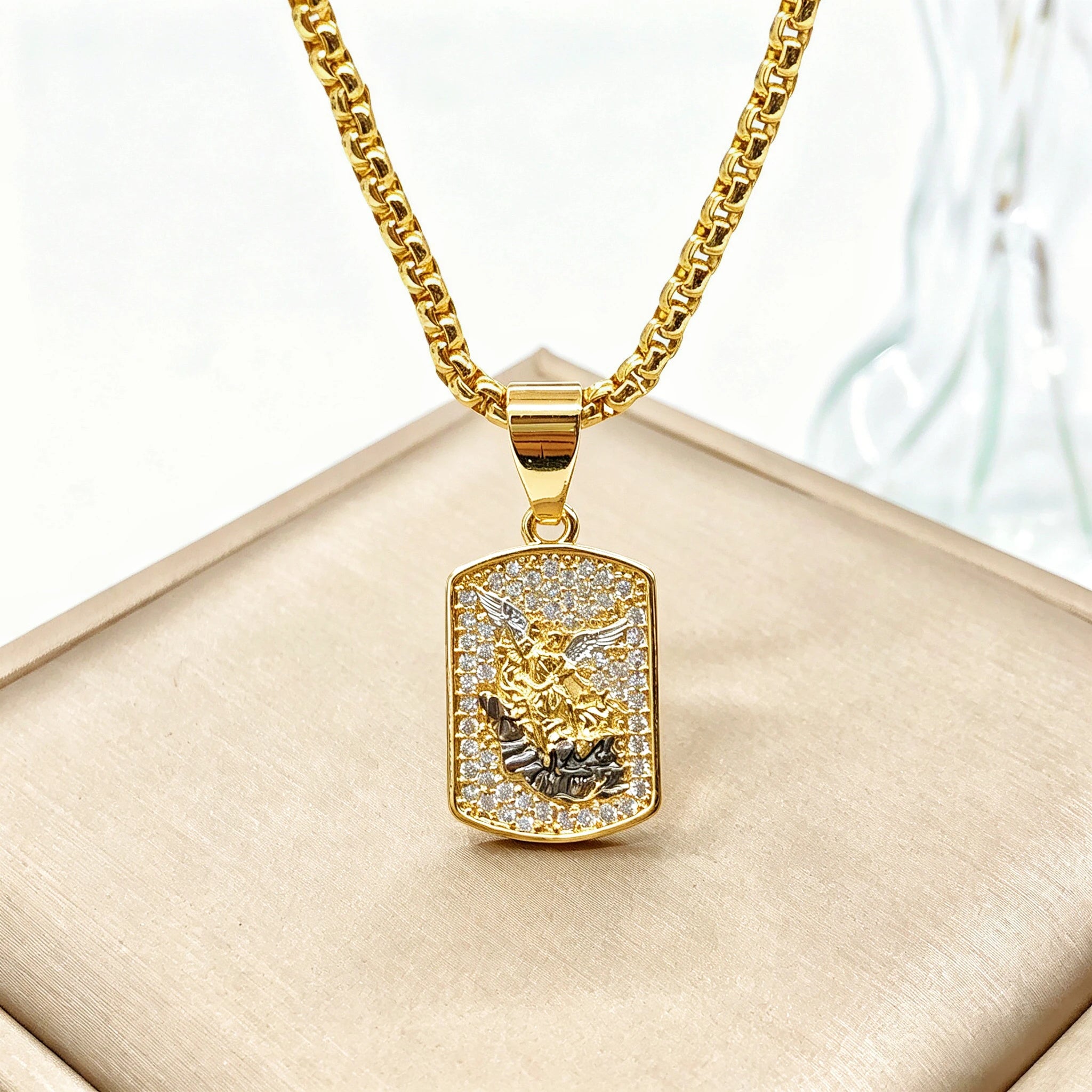 High Quality Square Religious St. Michael Stainless Steel Necklace Fashion for Men Women Party Gold/Rose Gold Zircon Jewelry Qme 5 60cm