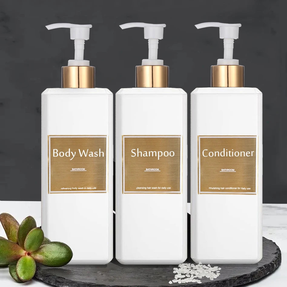 500ml/16.9oz Shampoo Dispenser Press Pump Bottle with Gold Waterproof Labels Bathroom Shampoo Conditioner Body Wash Bottles Qme