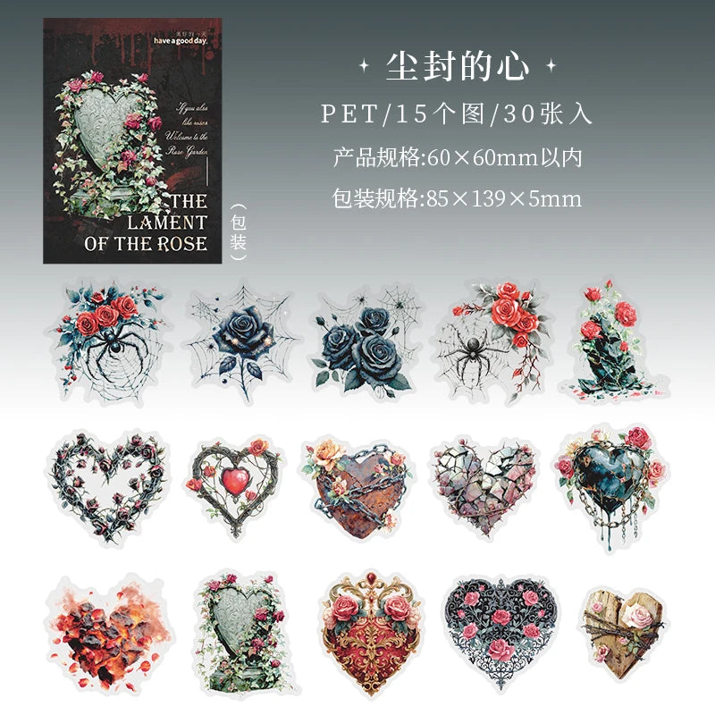 30 Sheets/Bag Dark Gothic Horror Rose Themed PET Sticker Pack for DIY Scrapbook Phone Case Notebook Decoration Craft Qme 2