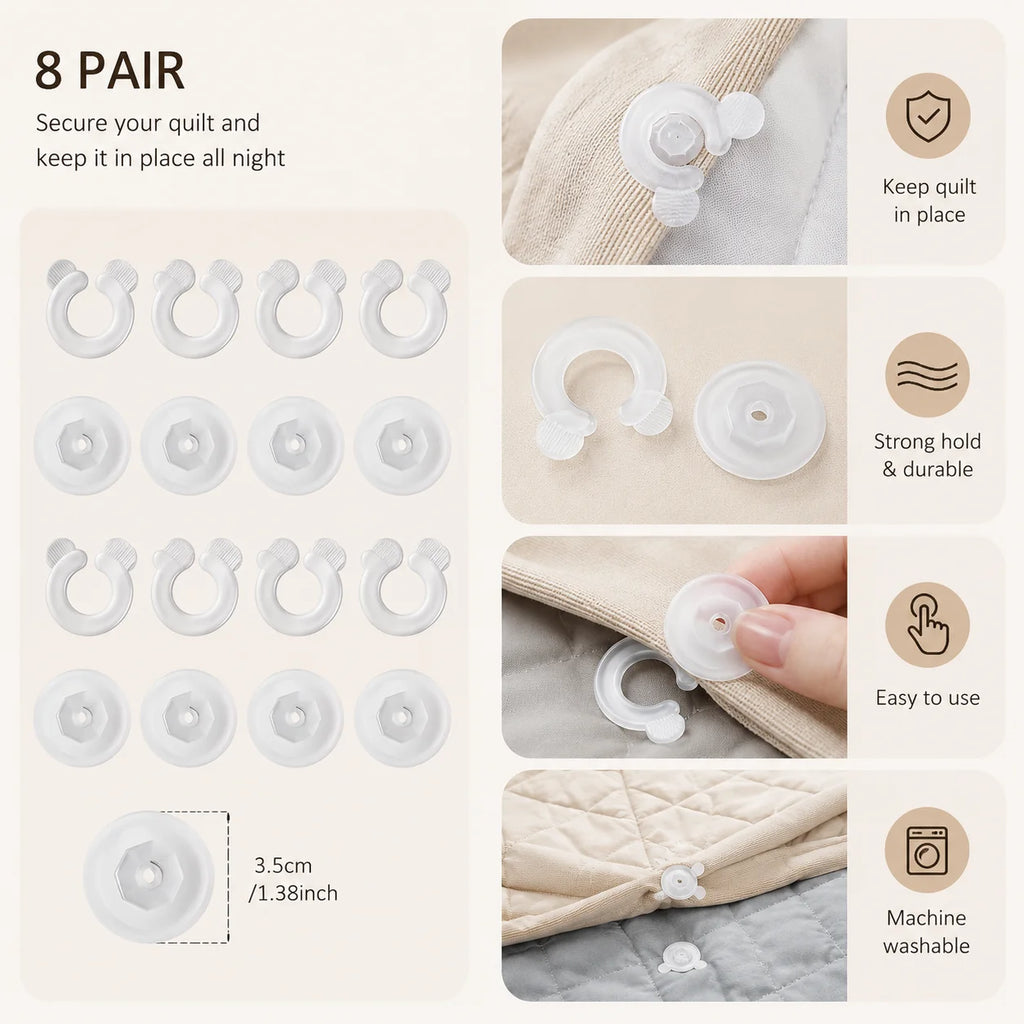 8 Pairs Needle-Free Duvet Clips, Anti-Slip Quilt Fasteners, Secure Blanket Holder Clips for Comforters, Duvet Covers and Bed She Qme