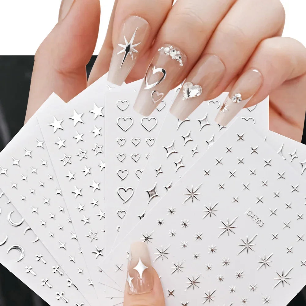 6 Sheets Metal Silver Nail Stickers Metallic 3D Star Nail Art Stickers Decals Self-Adhesive Nail Art Stickers Metal Chain Heart Qme Default Title