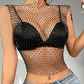 Sexy Women Shiny Rhinestone Fishnet Y2K Tank Crop Tops See Through Qme black Length 45cm