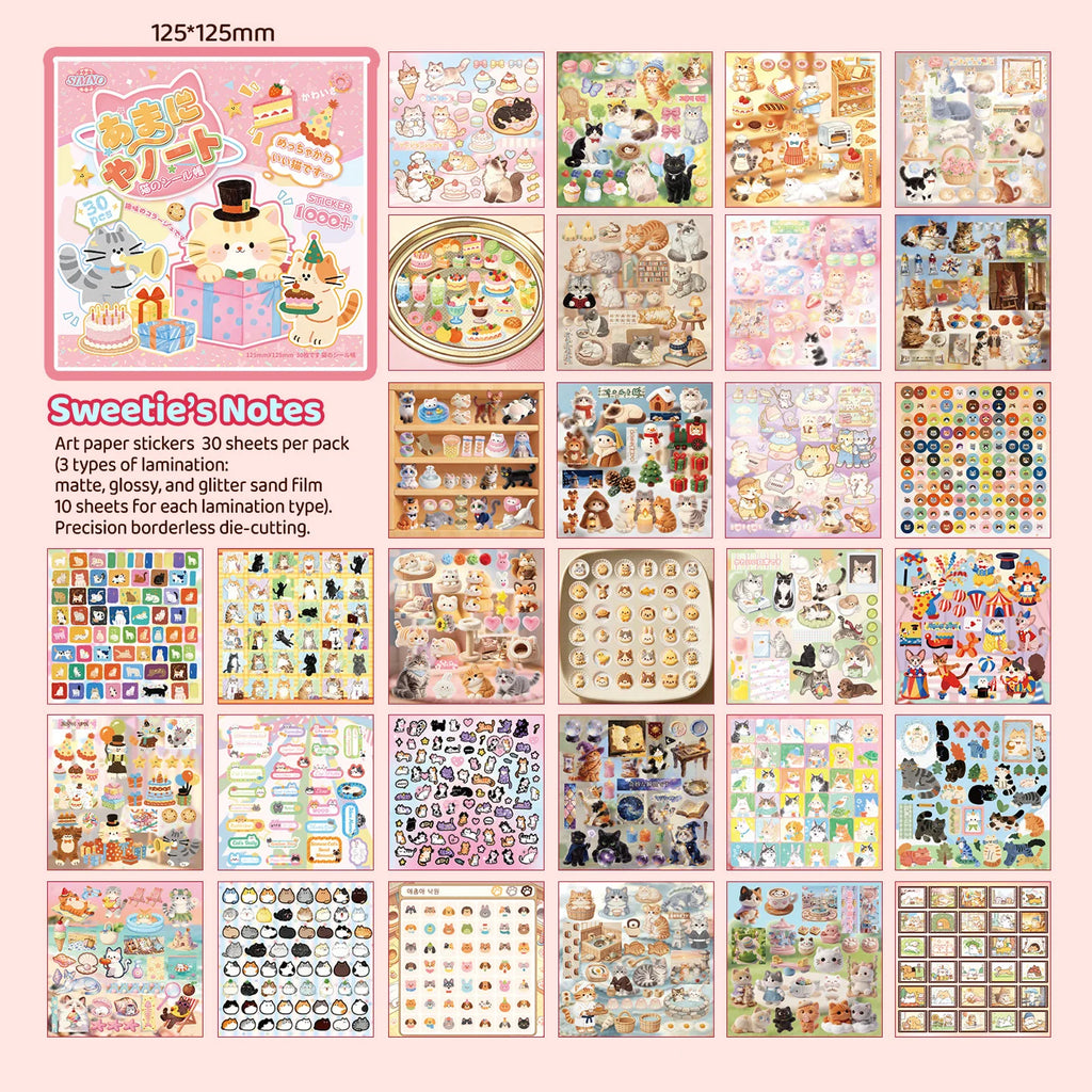 TIANZI Cute Cat Theme Kawaii Stationery Die Cut Sticker Book 30/60 Sheets DIY Handmade Scrapbooking Decoration Supplies Qme B