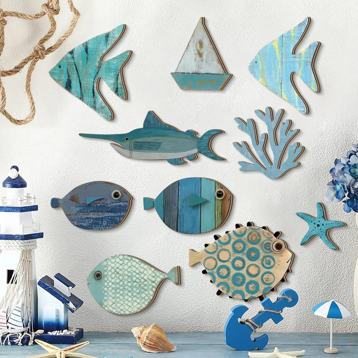 Handcrafted Wooden Ocean Wall Decor - Fish, Coral, Starfish & Sailboat Set for Home/Bathroom, Coastal Style Art Qme L