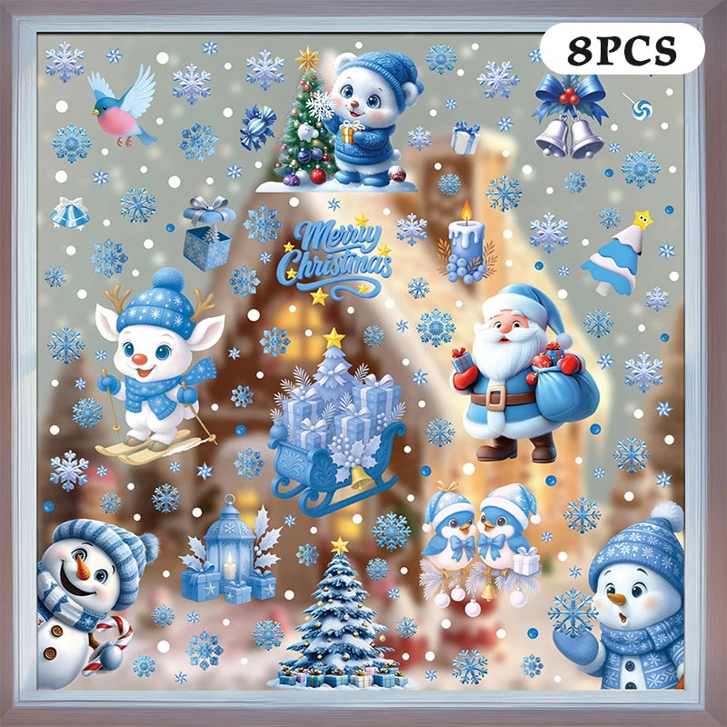 Blue Christmas Window Clings-Static Sticker Set With Bells, Reindeer, Santa, Snowflakes & Snowman For Holiday Party Decor Qme A14