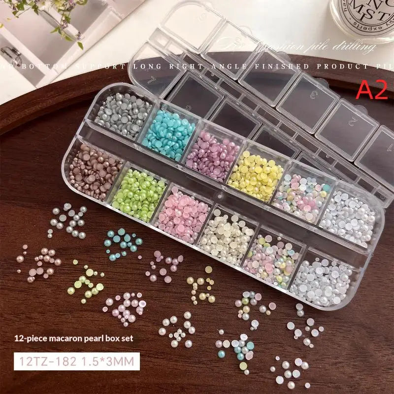 DIY Nail Art 12 Grids Colorful Pearl Half-round Beads Qme A2