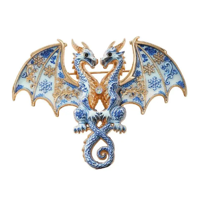 1Pcs Animal Double Headed Dragon Design Brooches for Men and Women Blue-and-White Porcelain-Inspired Jewelry Fashion Accessories Qme A2