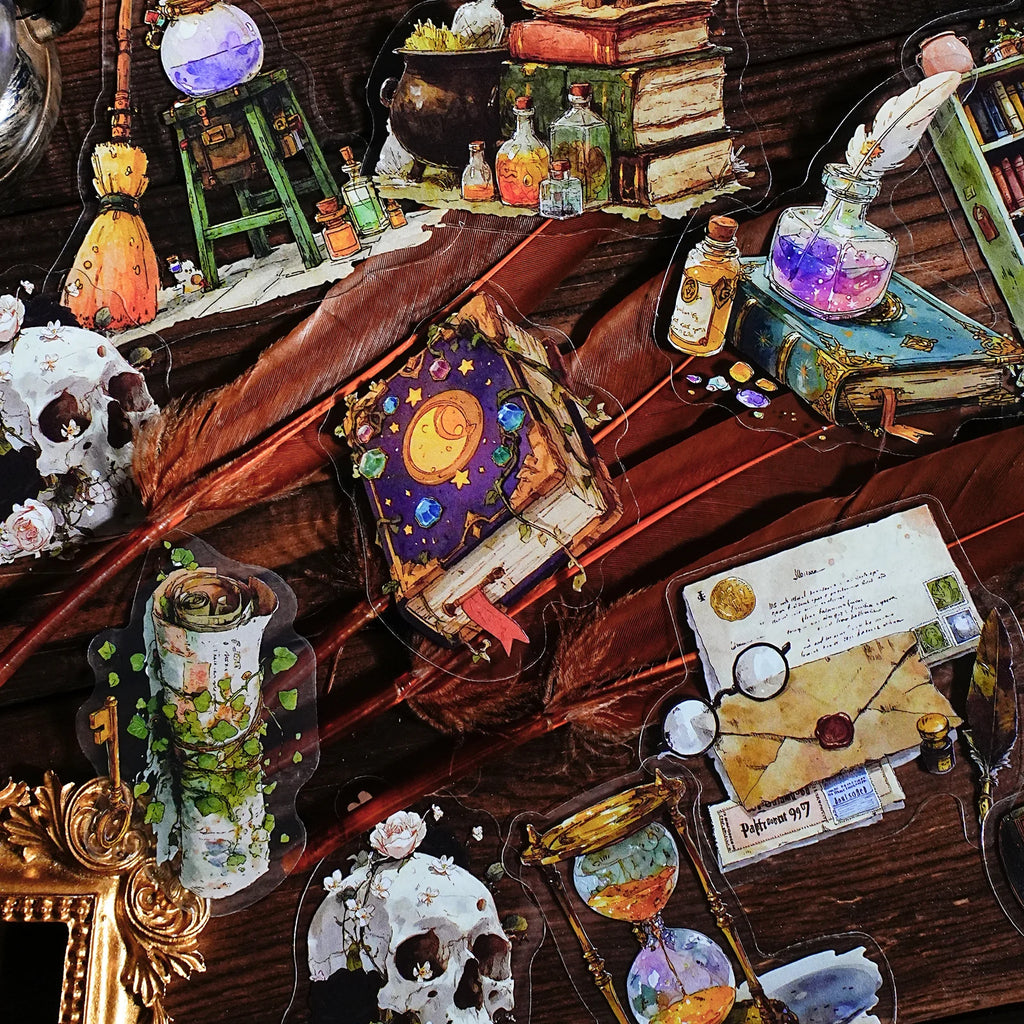 15 Sheets Magic Theme PET Stickers for DIY Craft Scrapbooking Guitar Phone Case Notebook Decoration Qme