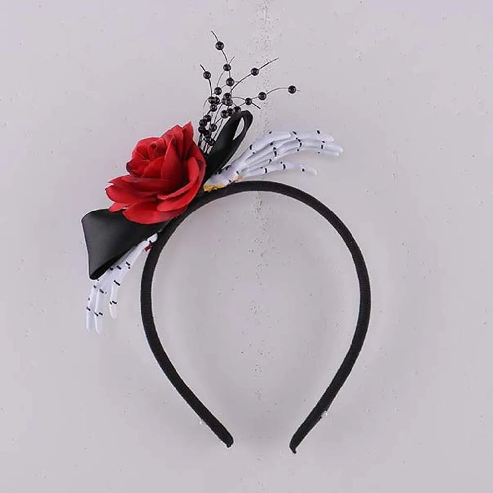 Red Rose Skeleton Hand Headband Black Bowknot Skeleton Bones Rose Flower Hairband Comfortable Fit Durable Plastic Qme