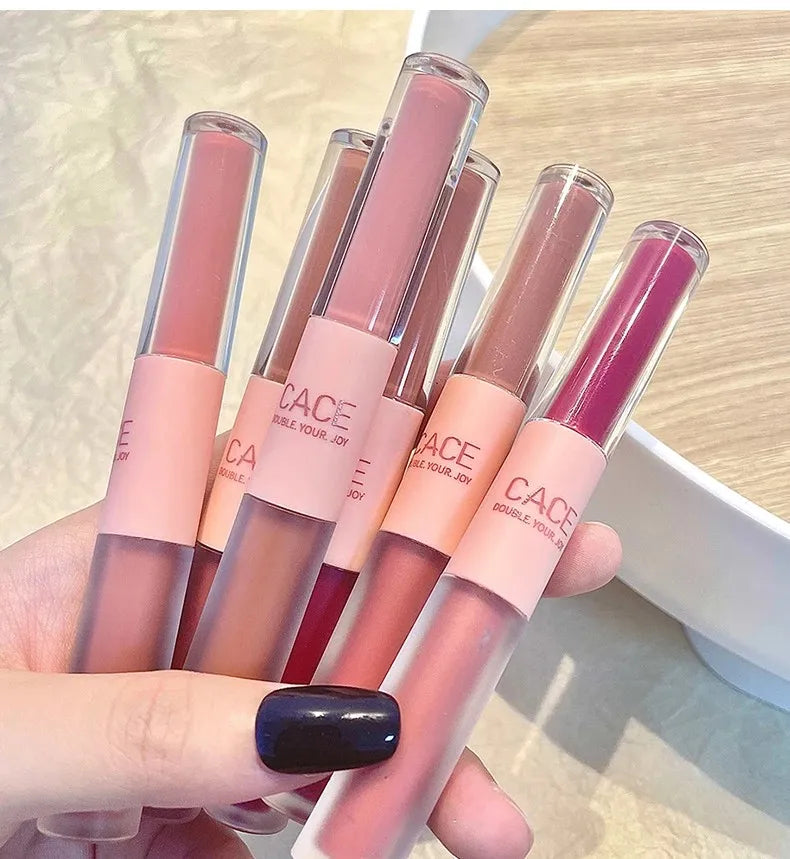 CACE Double Head Lip Gloss Sexy Red Makeup Mud Mirror Water Glaze Qme