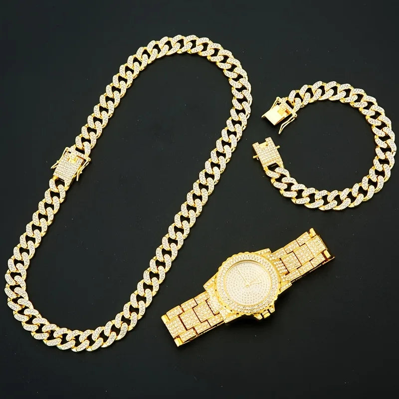 4-piece set, men's watch set, men's Cuban necklace bracelet set, men's cross necklace set Qme