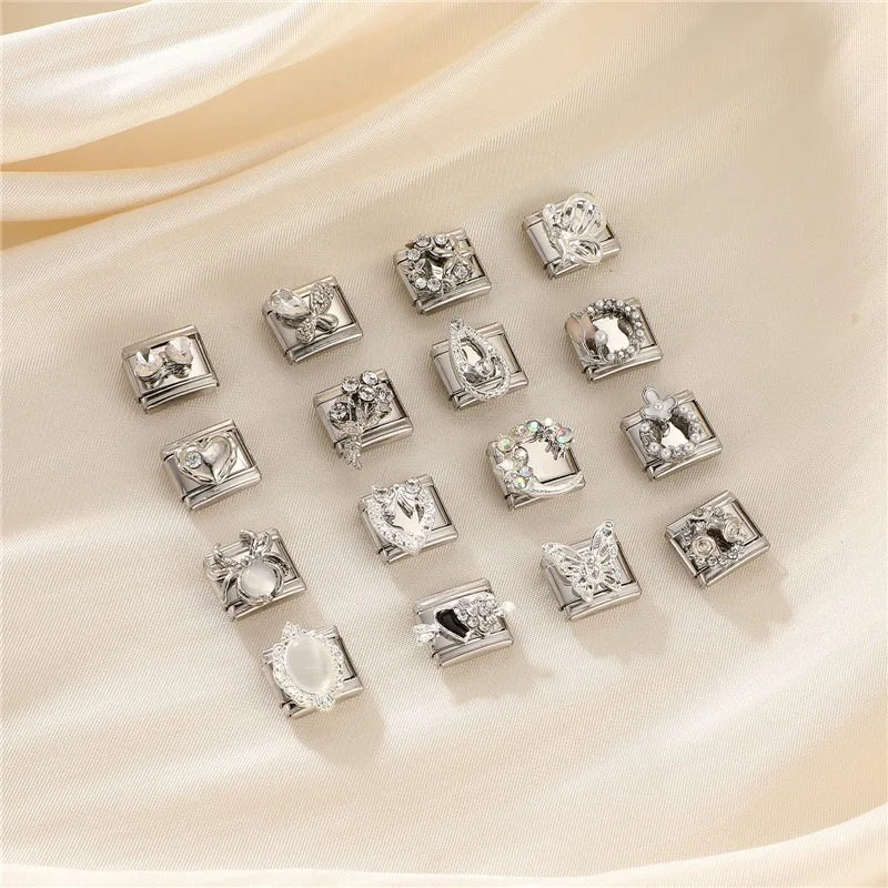 New Shiny Zircon Heart Bow Butterfly Bouquet Star Italian Charm Links Fit 9MM Stainless Steel Bracelet Girls' DIY Making Gift Qme