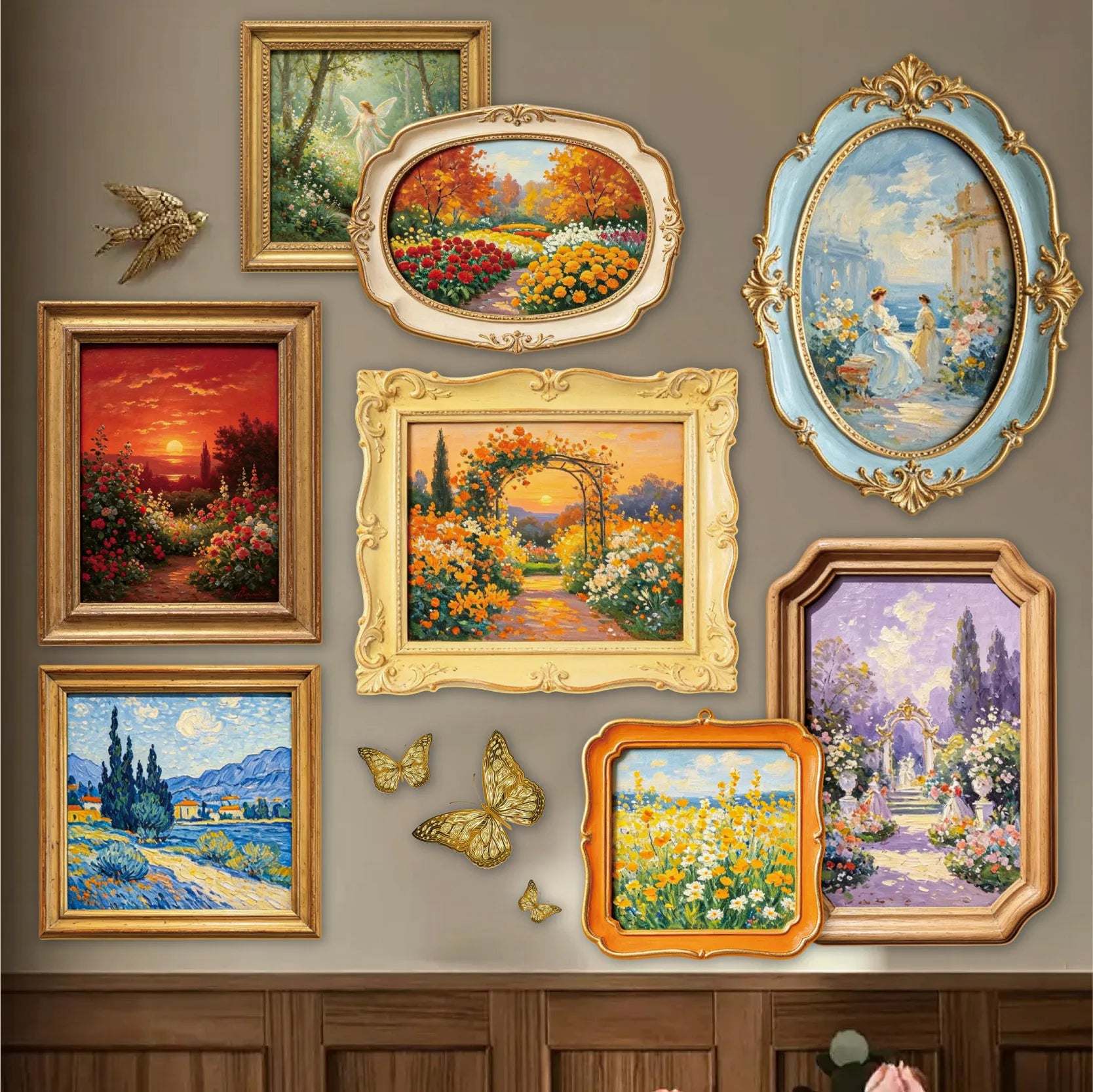 European Vintage Oil Painting Frame Stickers, Embossed Gold Rim Scenery Frames for Journal and Kuka Card Border Collage Qme