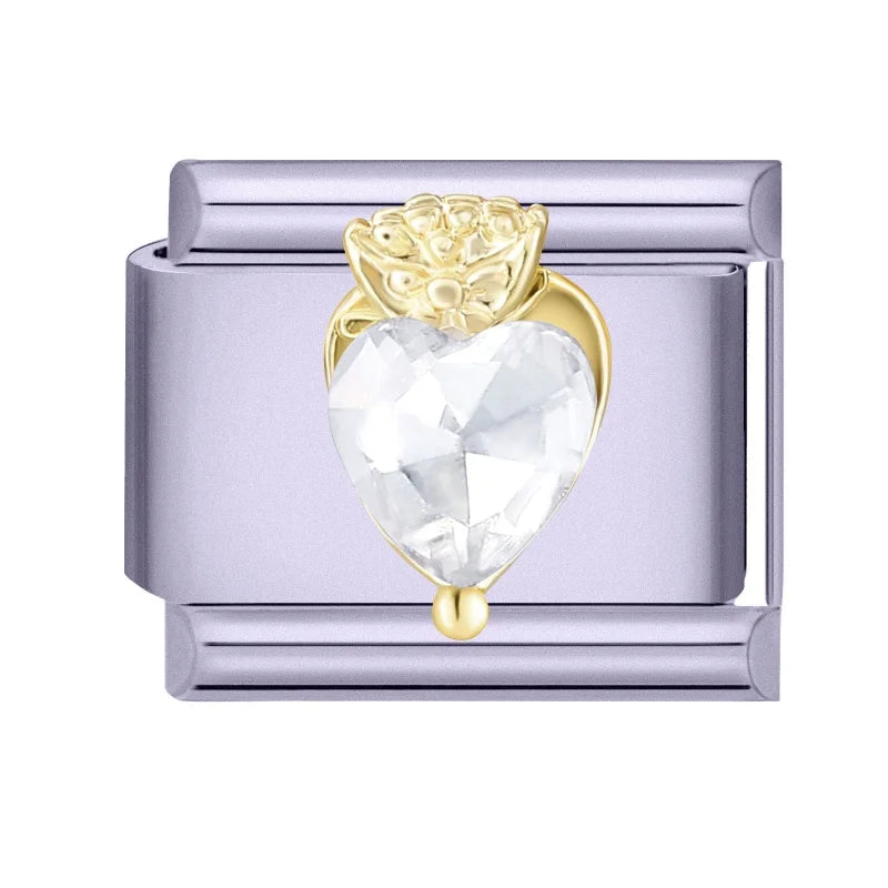 New Gold Color Zircon Heart Star Moon Bow Knot Italian Charm Link Fit 9mm Stainless Steel Bracelet Women Jewelry DIY Making Gift Qme Style 7
