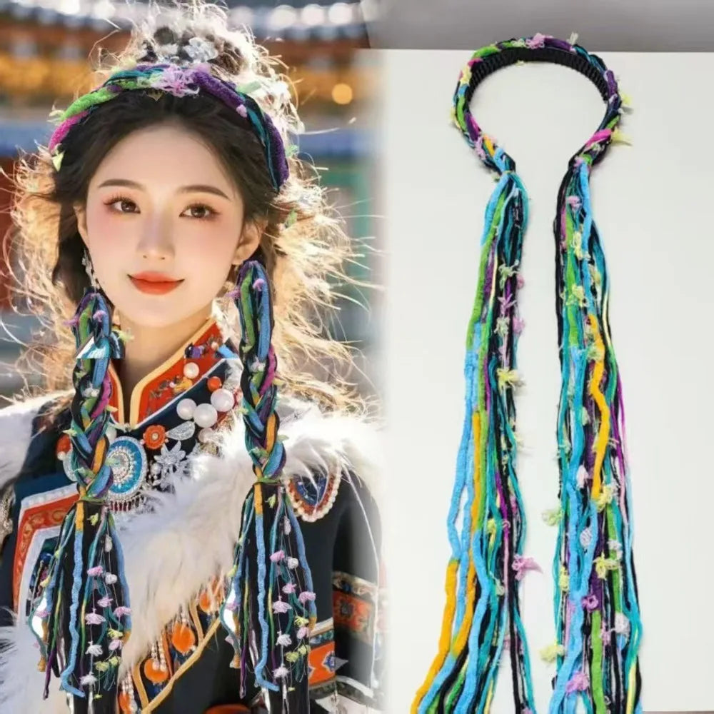 Boho Style Chinese Tibetan Hairband Colorful Ribbon Long Tassel Braid Hairband Candy Colored Weaving Ethnic Hair Hoop Qme Blue-Green