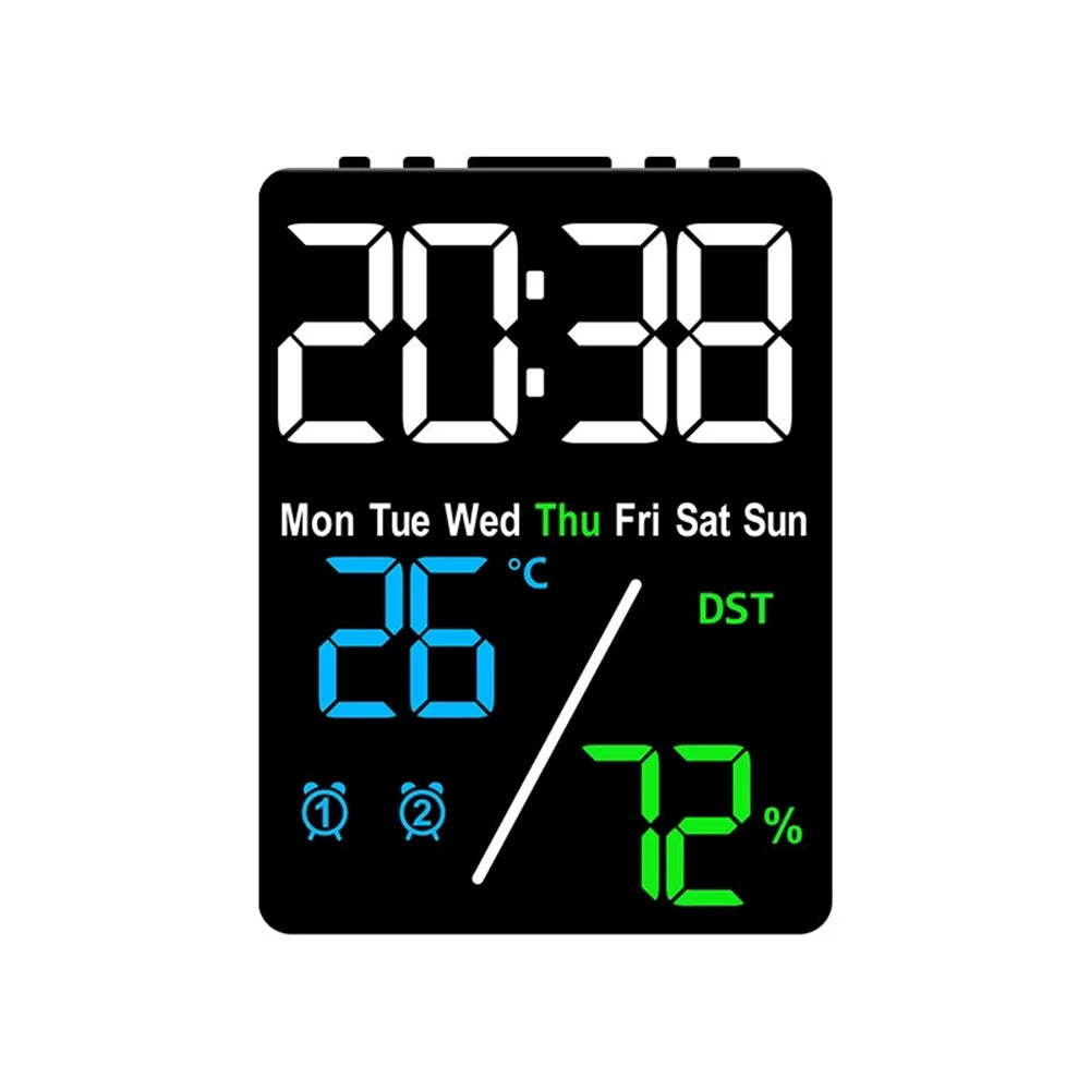 Digital Alarm Clock TEMP Humidity Date Week Disply 2 Alarm Snooze Electronic Table Clock 3-level Brightness 12/24H DST LED Clock Qme BGBL