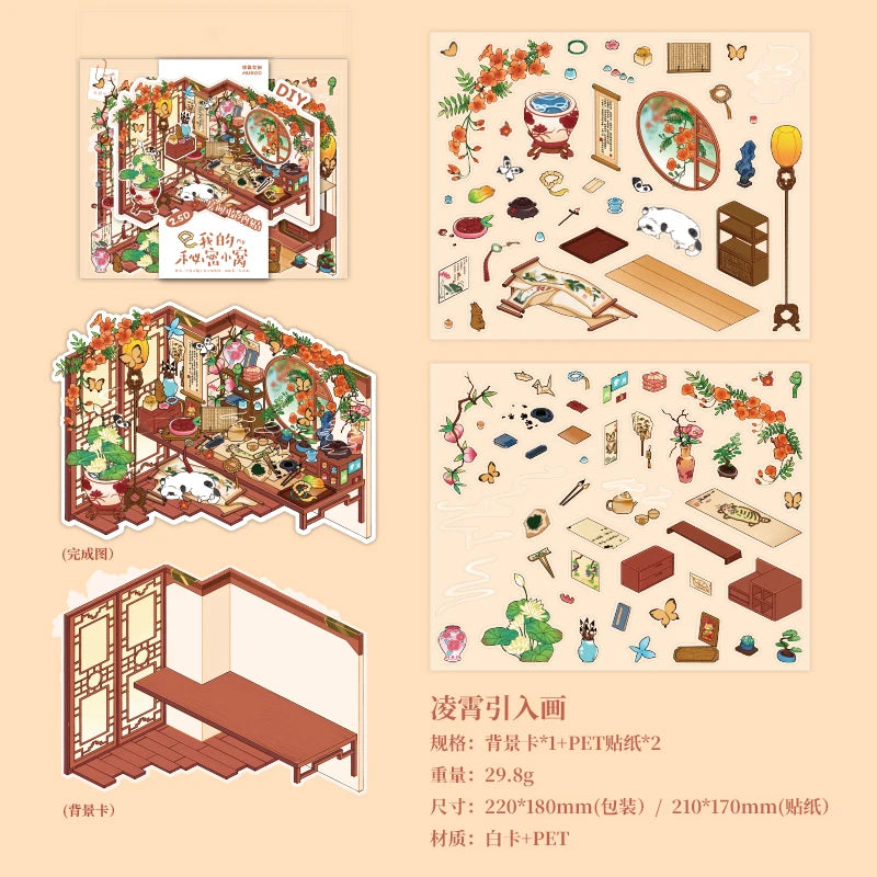 DIY Cartoon Leisure Life in 4 Seasons Landscape Sticker 3D Pocket Cabin Scene Stacking Pasting Stickers Gift for Kid Child Qme B