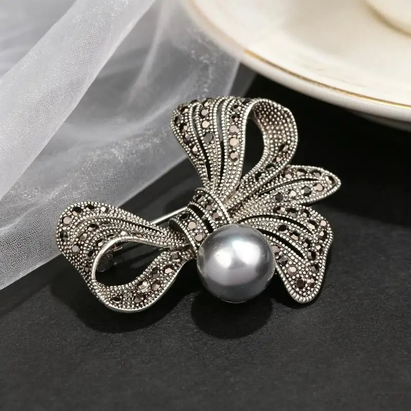 Rhinestone Biag Bow Pearl Brooches For Women Vintage Elegant Large Brooch Pin Winter Coat Sweater Broches High Quality Qme