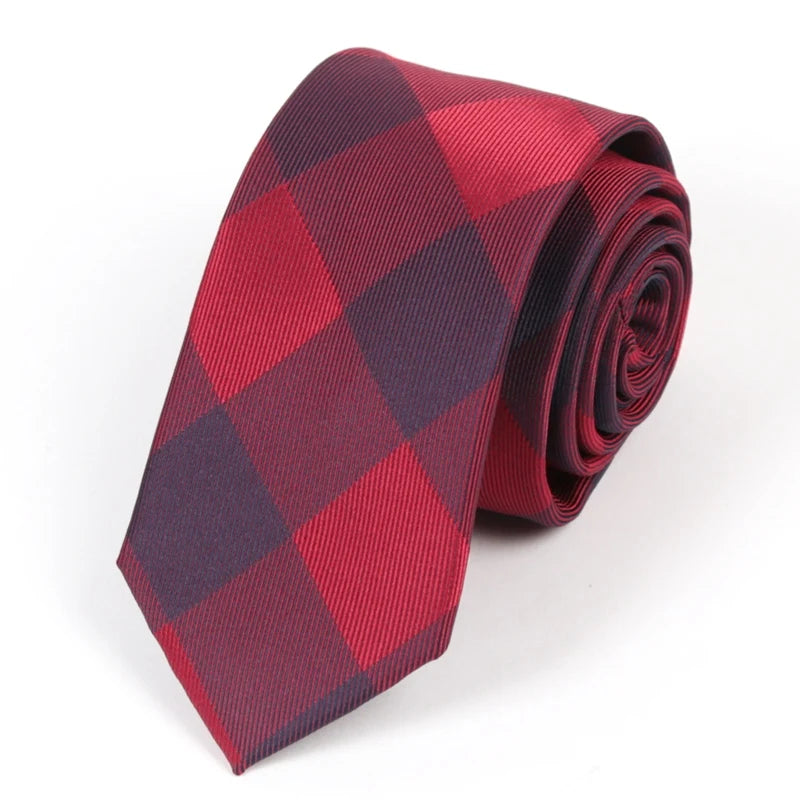 Men's Fashion Casual Skinny Necktie Polyester Ties Man Plaid Solid Qme Red