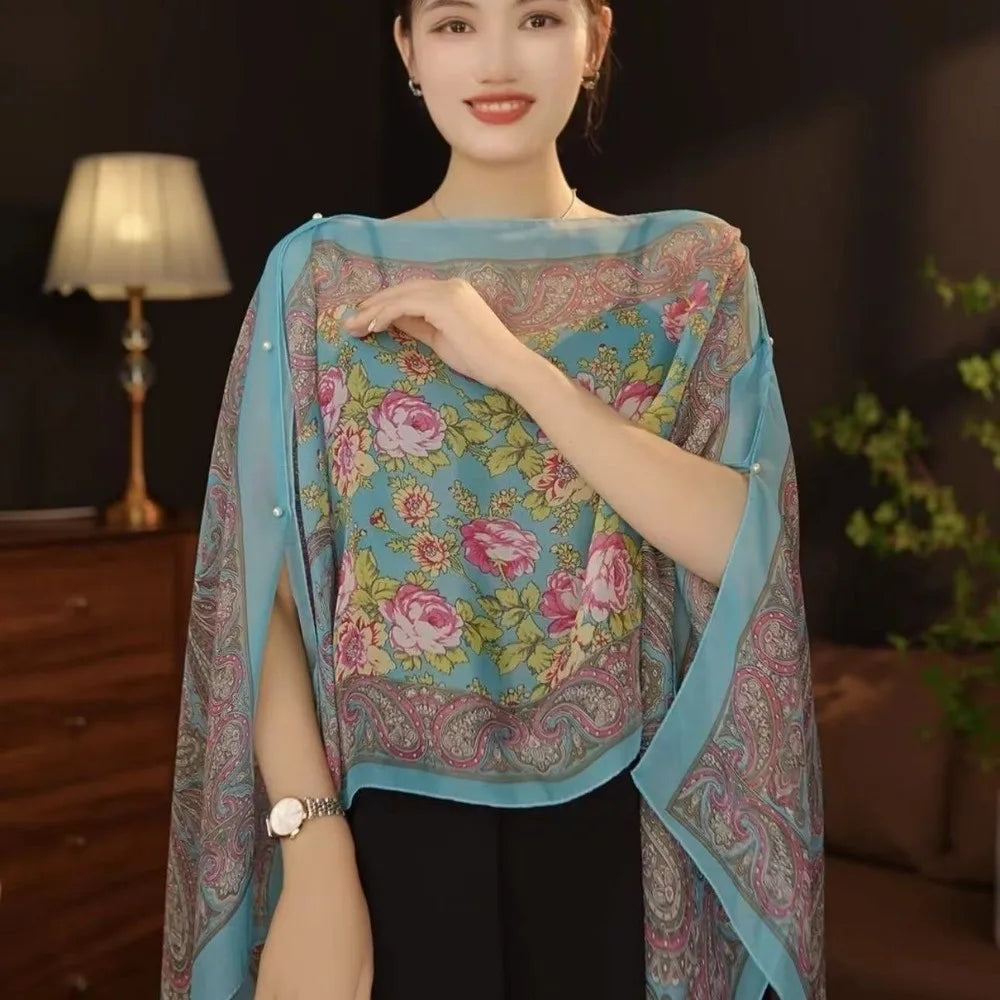 Multifuctional Breathable Shawl Flower Pattern Long Length Sun Protection Shawl Lightweight Breathable Fabric Chiffon Scarf Qme Style K
