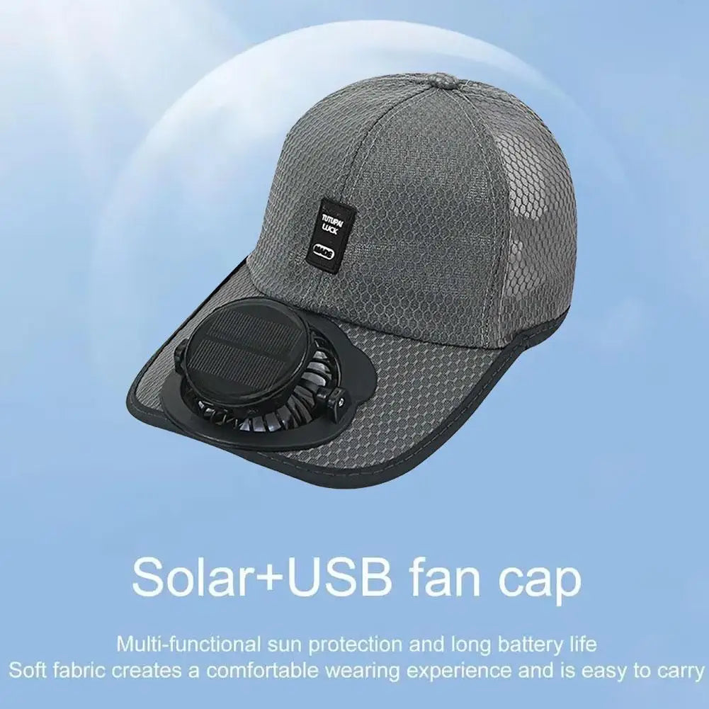 Mesh Baseball Hat Solar Powered Fan Cooling Summer Outdoor Beach Sun Qme