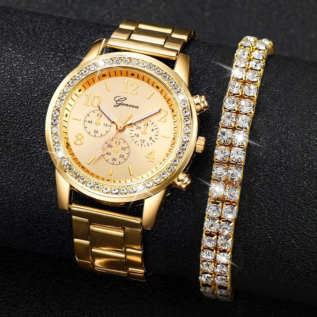 Relógios de pulso de quartzo com strass para mulheres, pulseira de aço dourado, pulseira de diamante sem caixa, fashion, 2PCs Qme Golden Set