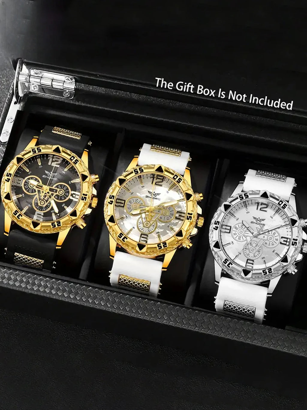 3Pcs ZHOUWEI Multicolor Chronograph Sports Watch Set Silicone Strap Men’s Wristwatch Qme 3pcs