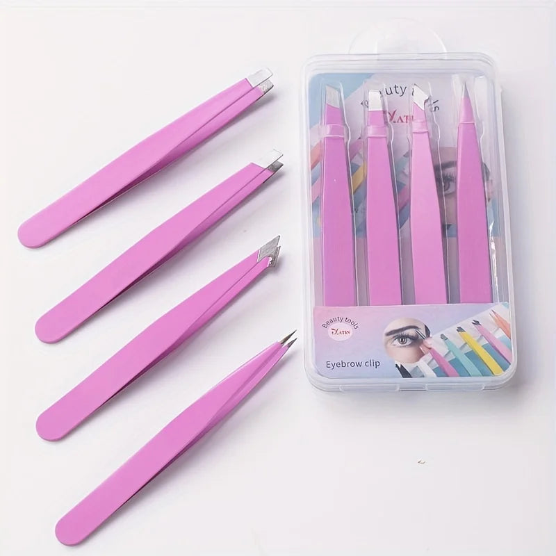 4Pcs Stainless Steel High-Quality Eyebrow Tweezer, Multifunctional Slanted Brow Clips for Fine Hairs Removal Qme Pink