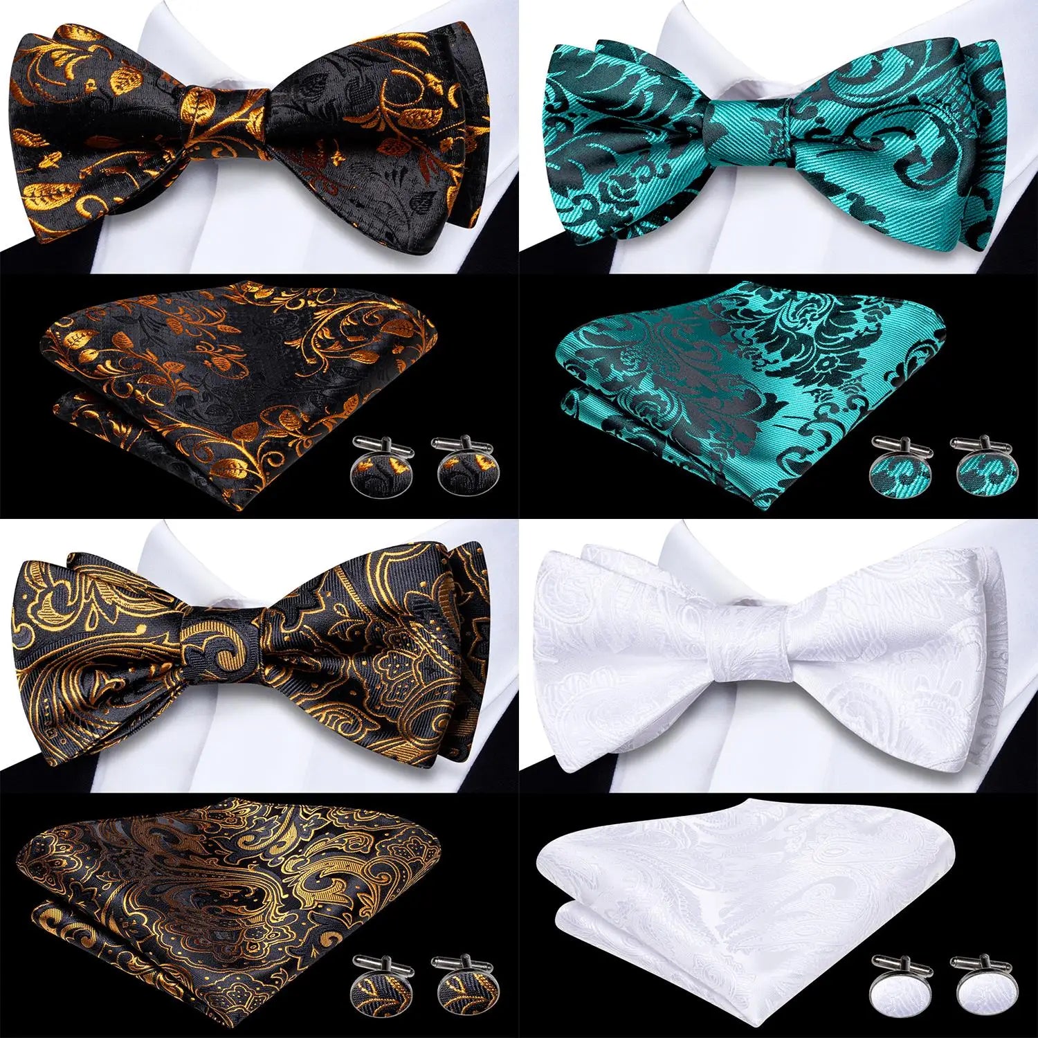 Hi-Tie Men's Bow Tie Handkerchief Cufflinks Set Paisley Jacquard Pattern Hand Tied Wedding Business Qme