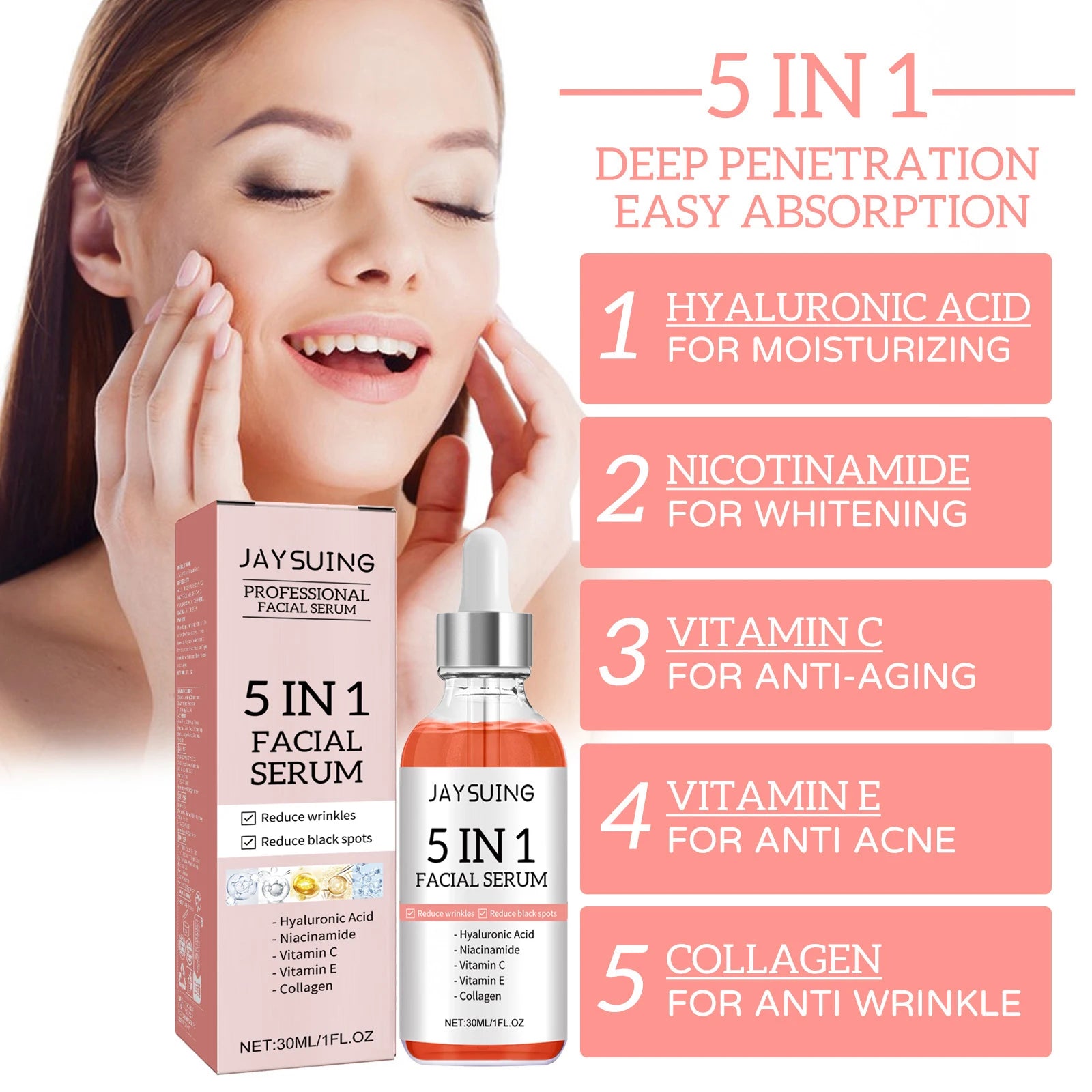 5 In 1 Facial Care Serum Brighten Skin Tone Fade Acne Scars Shrink Pores Face Moisturizing Essence Nicotinamide Brightening Oil Qme