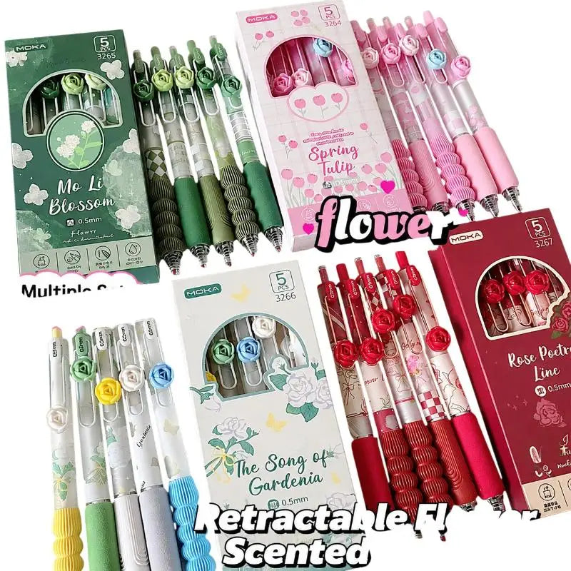 3D Flower Retractable Gel Pens Soft Anti-slip Grip Fine Nib Smooth Qme