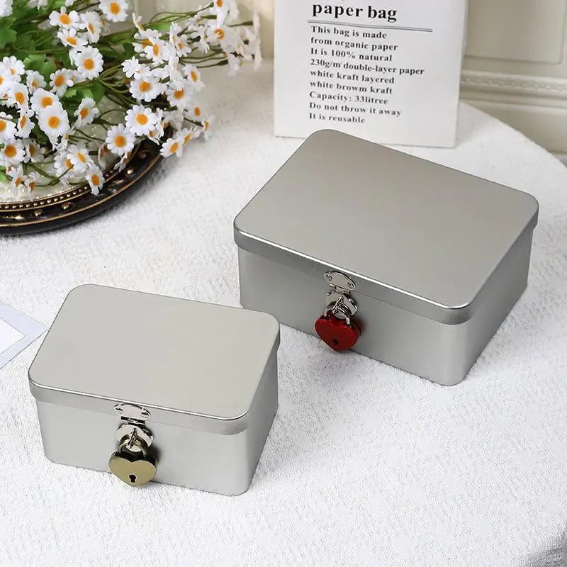 Silver Lockable Tin Storage Box Multifunctional Desktop Metal Jewelry Qme