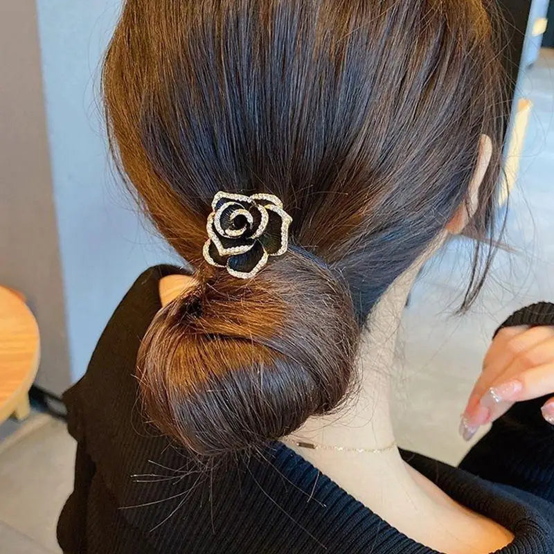 Women's High-end Tail Hair Bands Black Elasticity Tea Floral Ties Qme