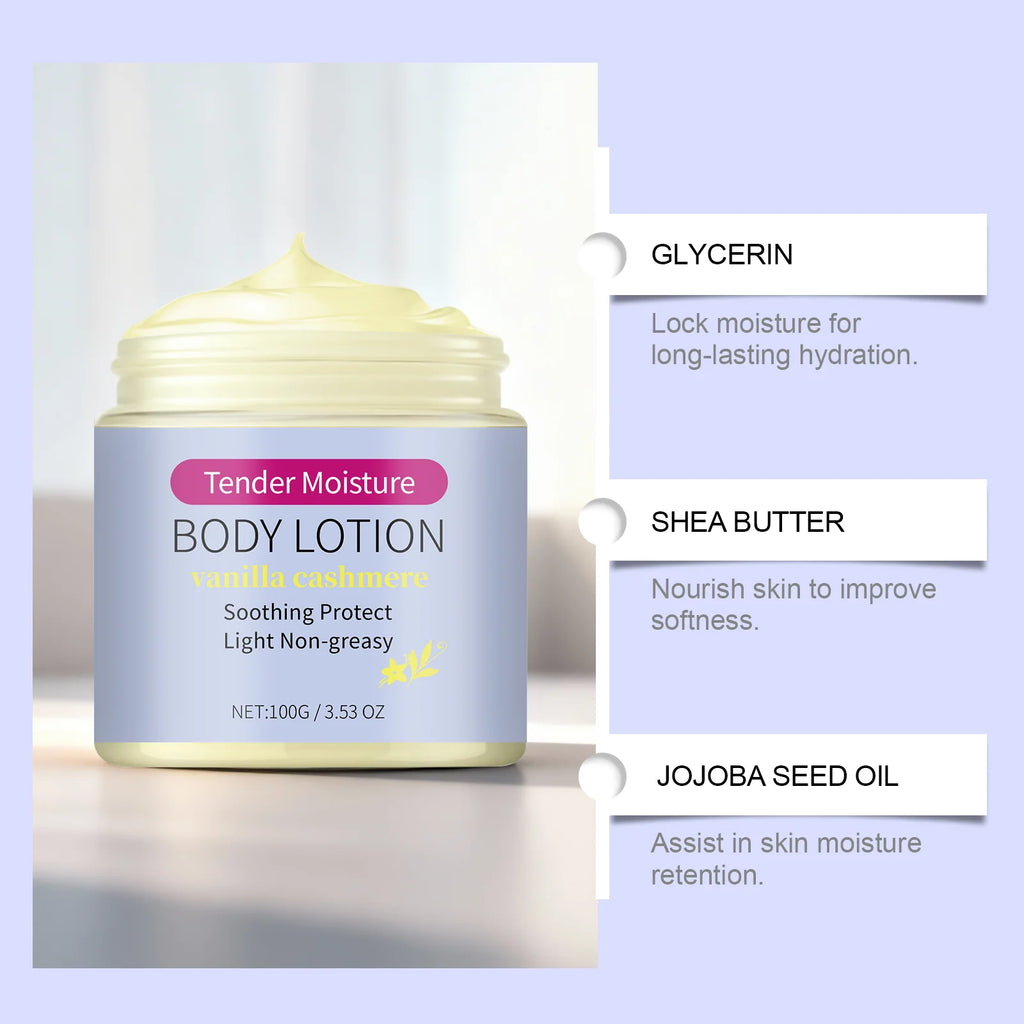 Tender Moisture Body Lotion Vanilla Cashmere Nourishing Dry Skin Care Lightweight Non-Greasy 24h Hydration for All Skin Types Qme