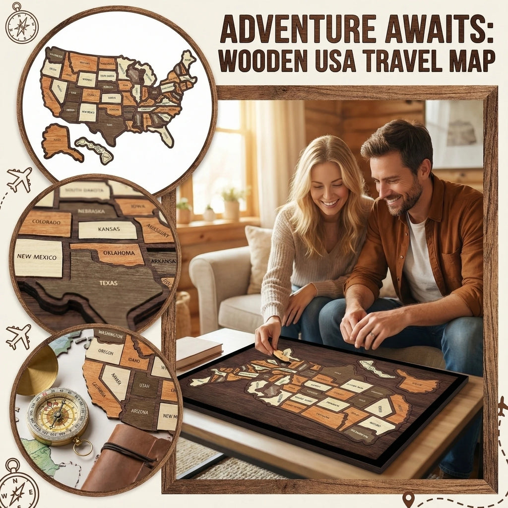Wooden USA Travel Map Puzzle Record Your Journey Beautiful Memories Home Office Bar Hotel Wall Decoration Unique Gift Qme