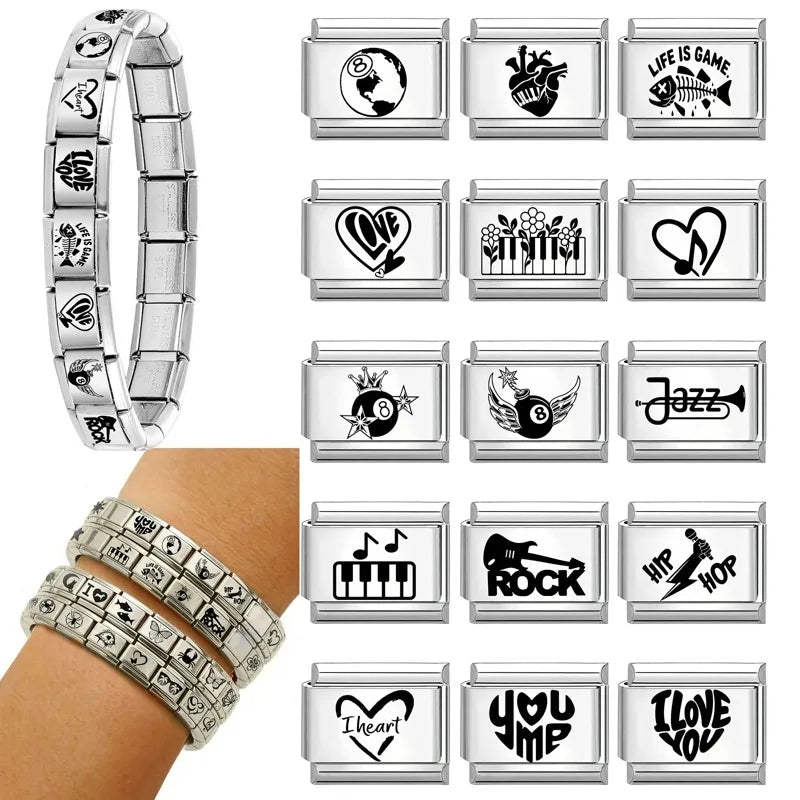 New Fashion Charm Italian Links Fit 9mm Stainless Steel Women Men Jewelry DIY Making Black Heart I Love you You Love Me Bracelet Qme