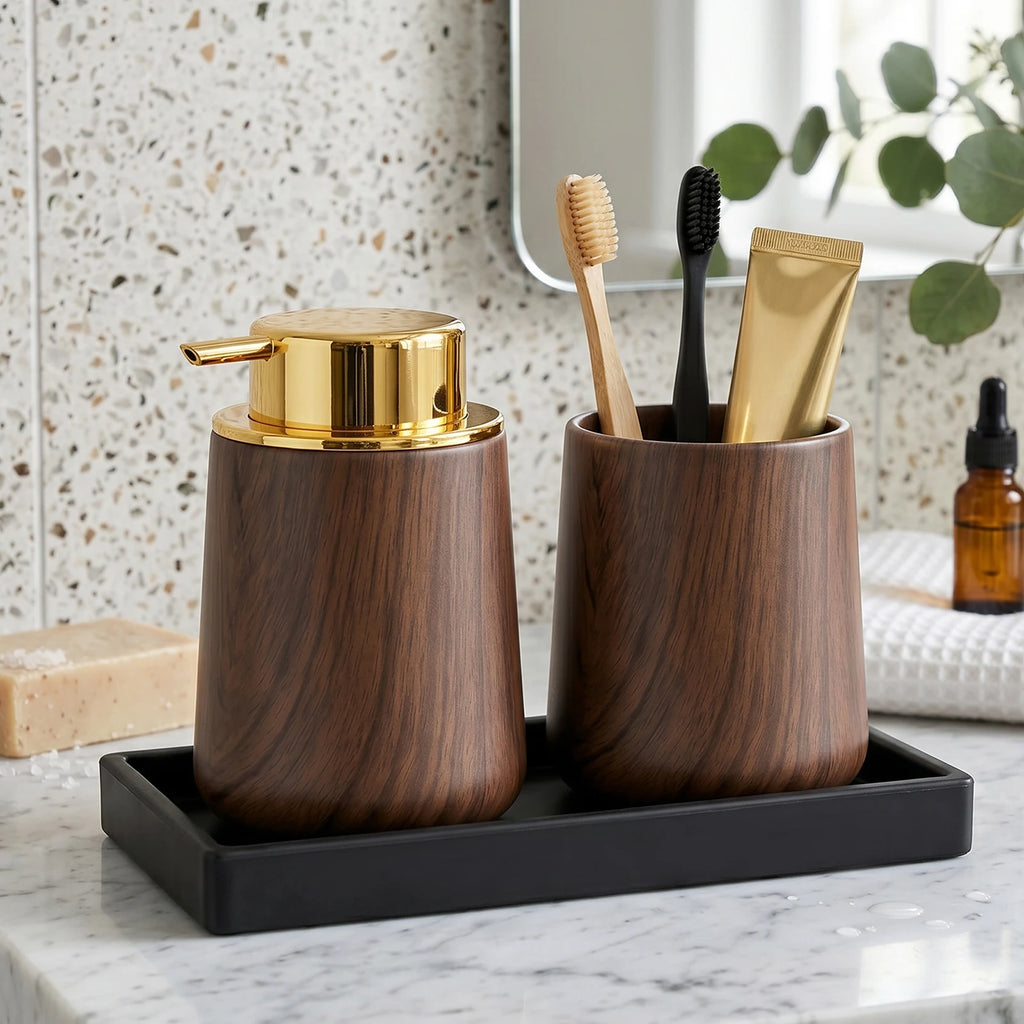 Cotton Lotion Hand Toothpaste Brush Storage Countertop Accessories Walnut Foam Soap Dispenser Bottle Set for Kitchen Bathroom Qme