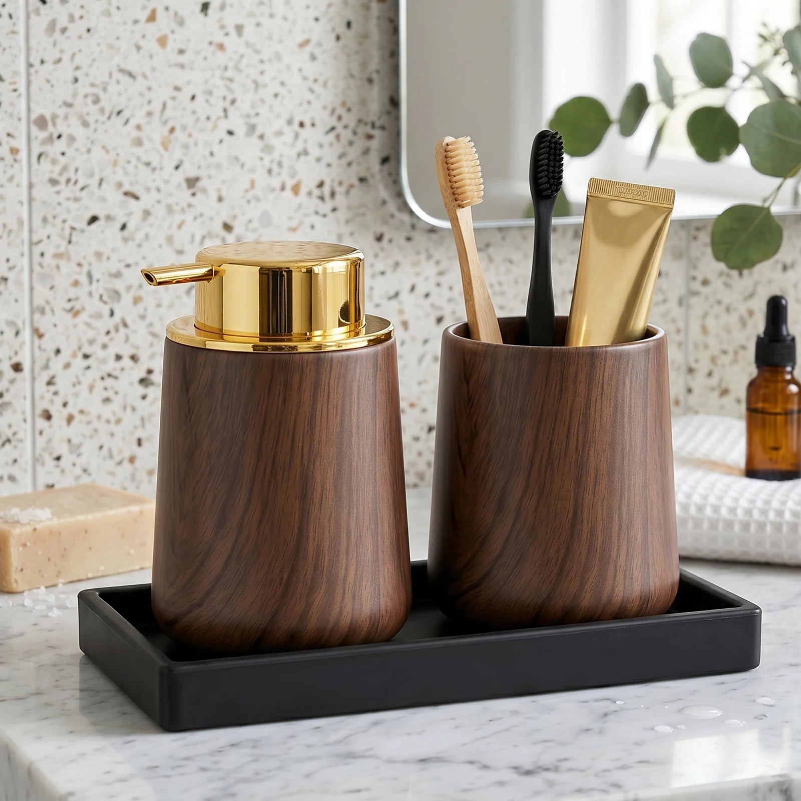 Cotton Lotion Hand Toothpaste Brush Storage Countertop Accessories Walnut Foam Soap Dispenser Bottle Set for Kitchen Bathroom Qme