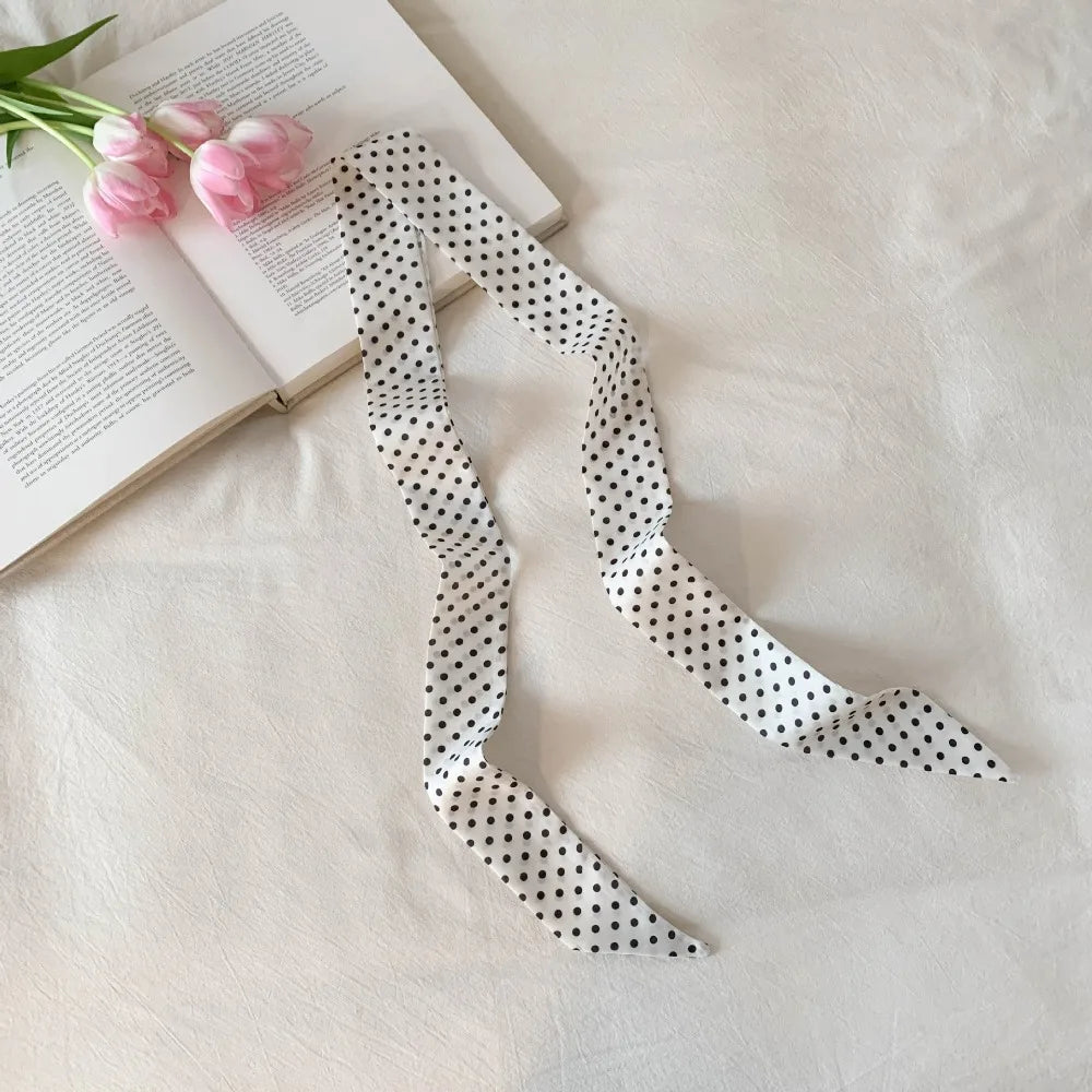 Retro Bow Ties Long Silk Scarf Ice Cream Printed Plaid Hair Band Qme White