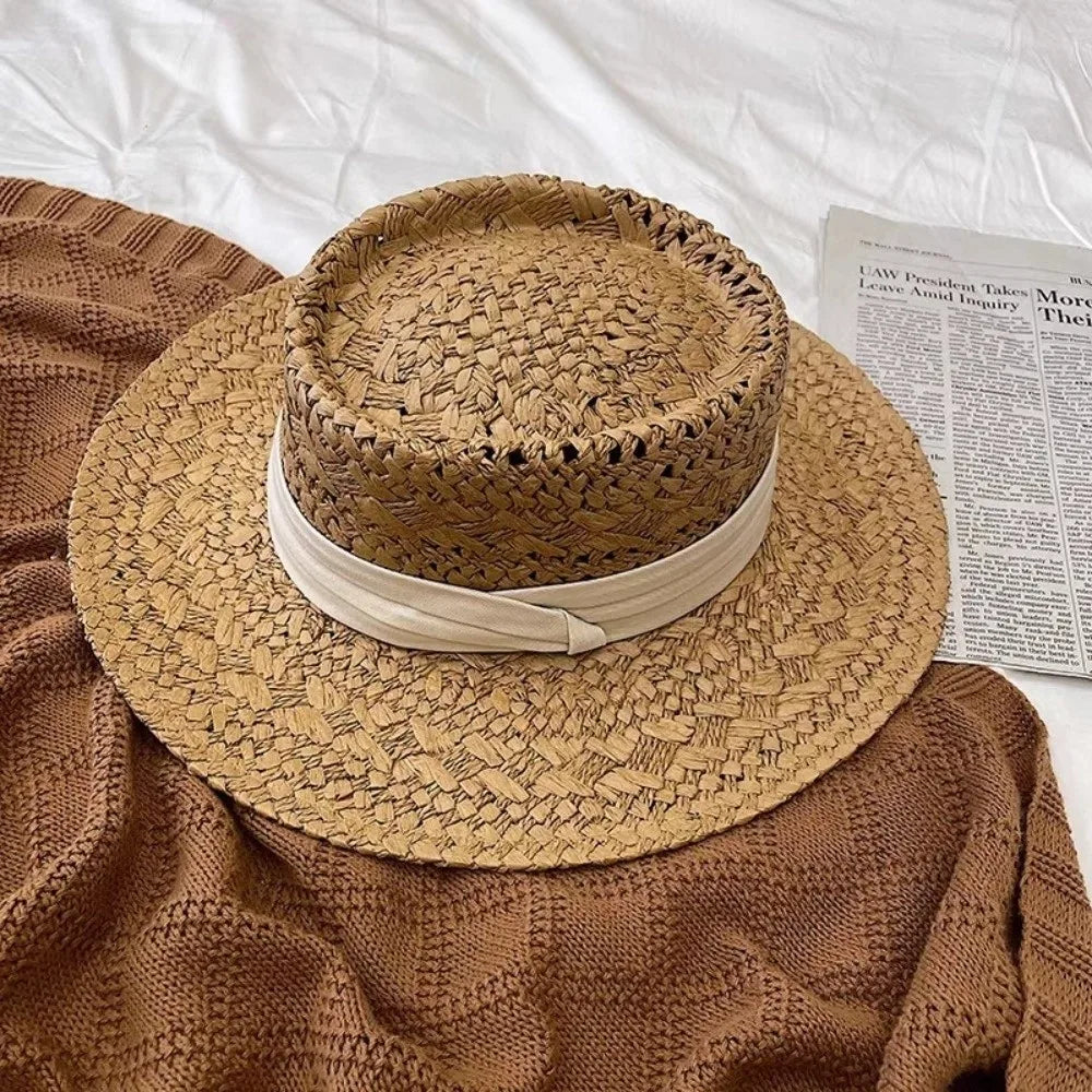 Fashion Wide Brim Hollow Straw Hat Sunscreen Cloth Buckle Western Qme
