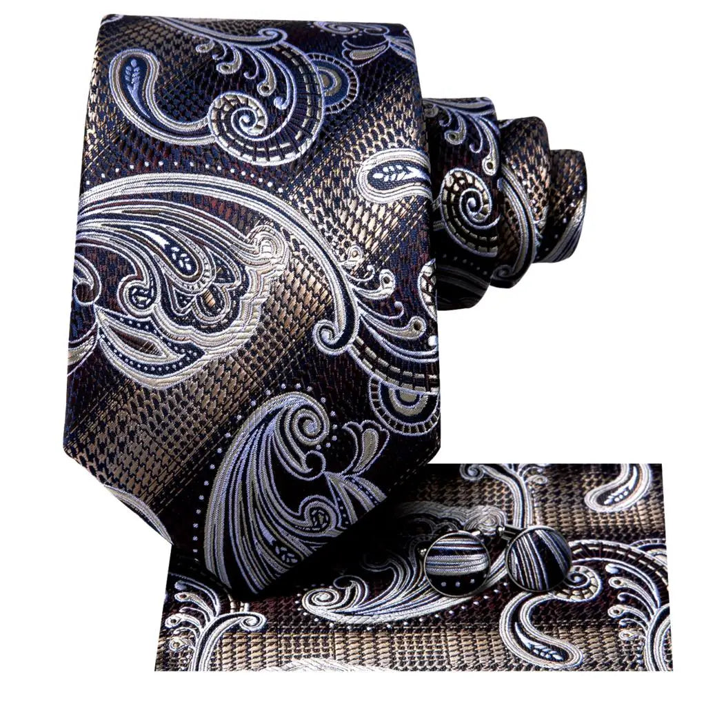 Hi-Tie Paisley Brown Tie For Men Elegant Mens Necktie Pocket Square Cufflink Groom Wedding Accessory Wholesale New Designer Qme