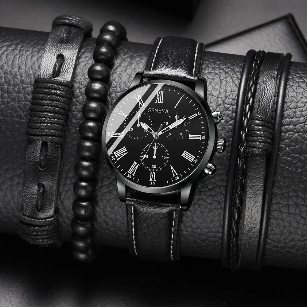 New Men's Watch Luxury Bracelet Set Multi Pieces Fashion Business Black Leather Quartz Watch Gift Box for Men Reno Masculino Qme I