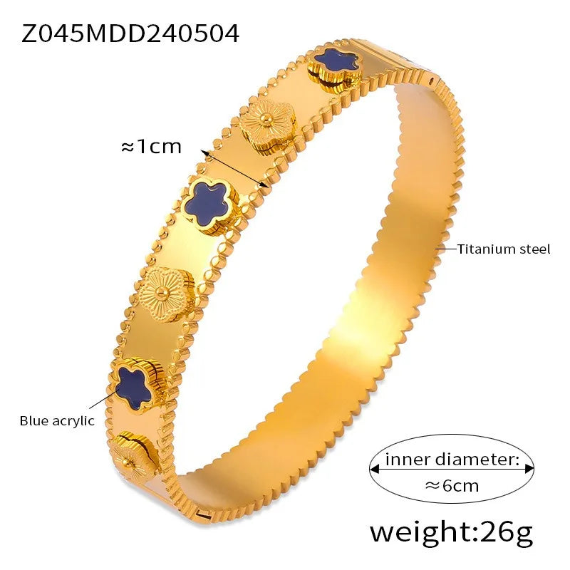Unisex Gold/Silver Classic Stainless Steel Laser Five-Leaf Flower Open Bracelet & Bangles Simple For Woman Party Jewelry Clover Qme Gold 5
